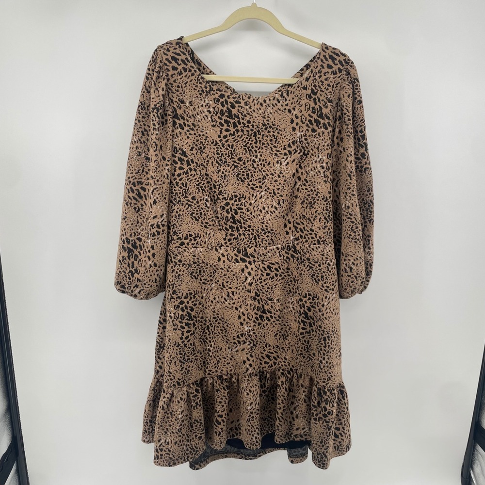 Maeve Dress Women 22W Brown Leopard Cutout Back Ruffle Puff Sleeve Anthropologie